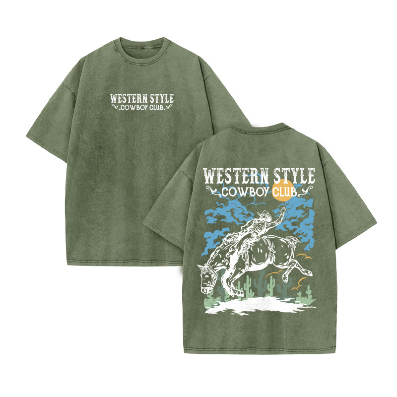 Unisex 100% Cotton Western Style Print Acid Washed T-shirt