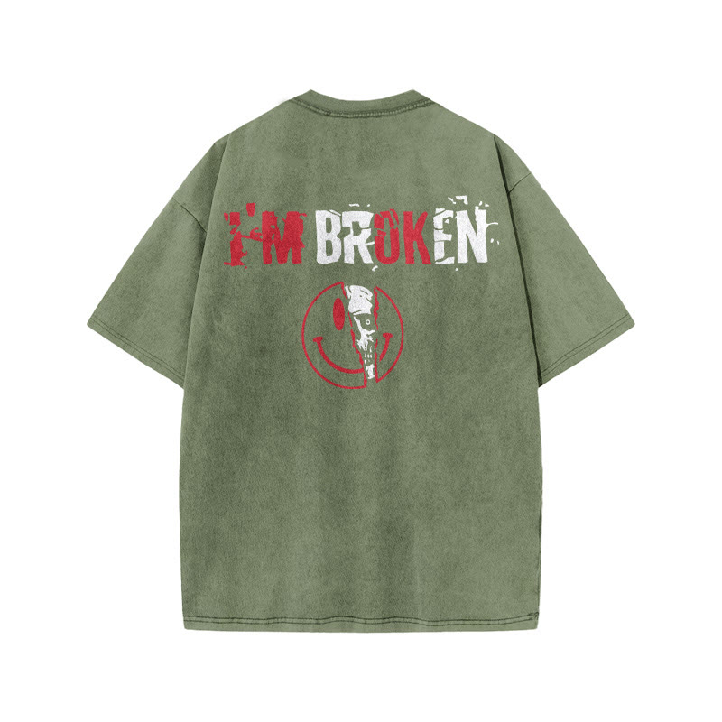 100% Cotto Vintage I'm Broken Skull Gym Print Acid Washed T-shirt - Army Green - US20-22(3XL) - image 5