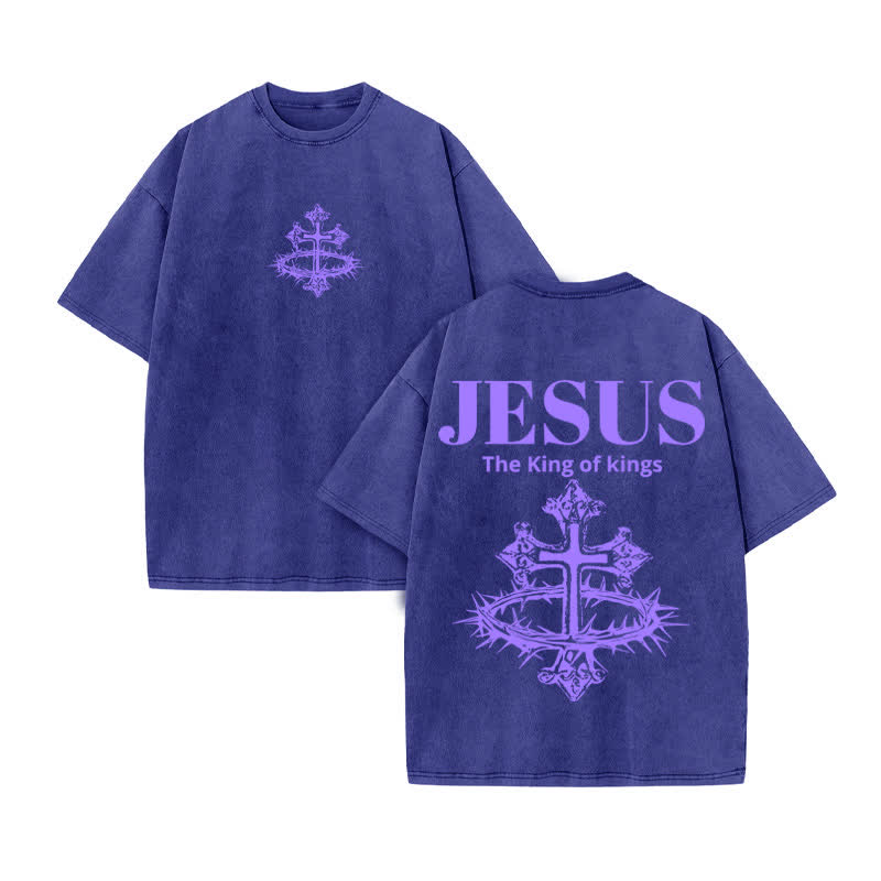 Unisex 100% Cotton JESUS IS KING Crown Of Thorns Cross Print Acid Washed T-shirt - Blue - US20-22(3XL) - image 10