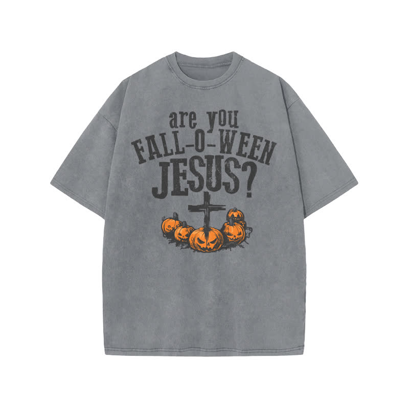 Unisex 100% Cotton Are You Falloween Jesus Print Acid Washed T-shirt - Grey - US20-22(3XL) - image 4
