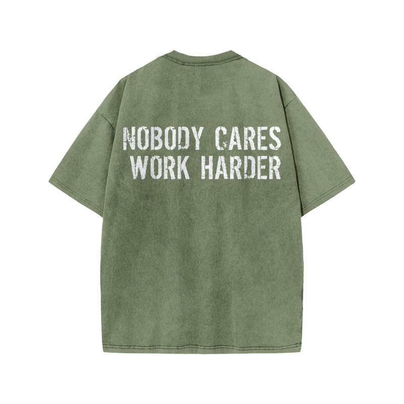 100% Cotton Nobody Cares Work Harder Gym Print Acid Washed T-shirt - Army Green - US20-22(3XL) - image 7