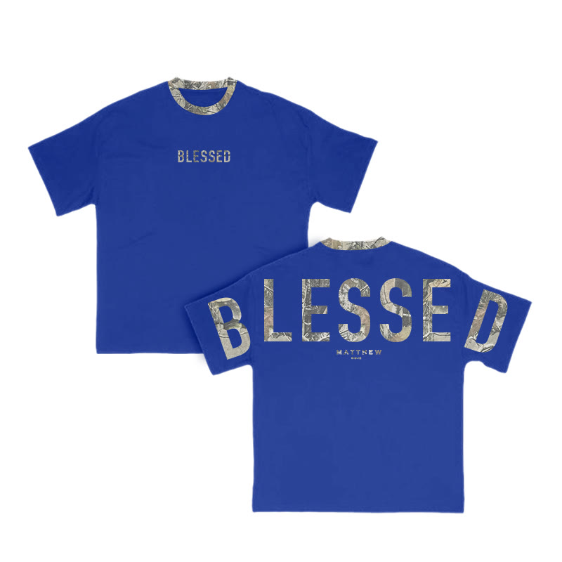 Blessed Matthew 5:3-12 Dead Leaves Camouflage Print T-shirt - Blue - 8XL - image 15