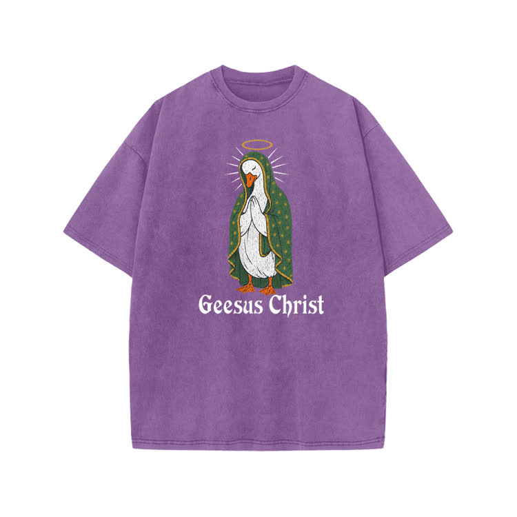 Geesus Christ Halo Goose Graphic Print Acid Washed T-shirt - Purple - US20-22(3XL) - image 7