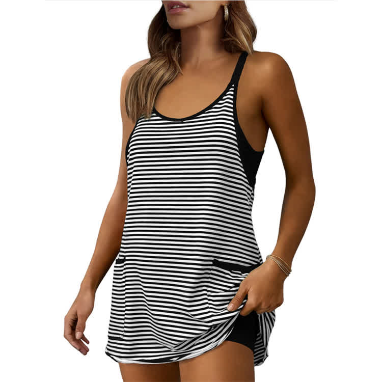 Women's Casual Striped Sleeveless Pockets Dress - Black - 2XL - image 11