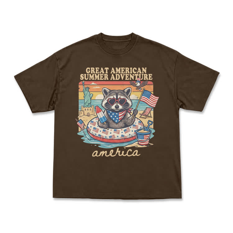 Vintage American Summer Adventure Raccoon Graphic T-Shirt - Coffee - US16-18(2XL) - image 14