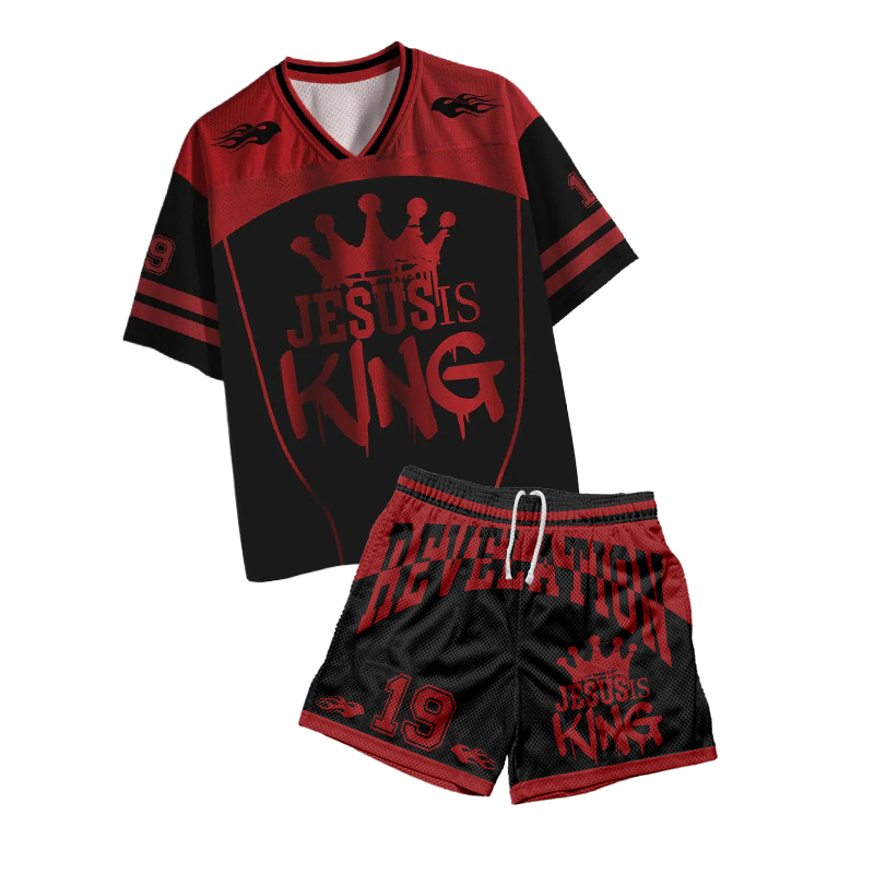 Jesus Is King Revelation 19 Print Mesh T-shirt Set - Red - 4XL - image 1