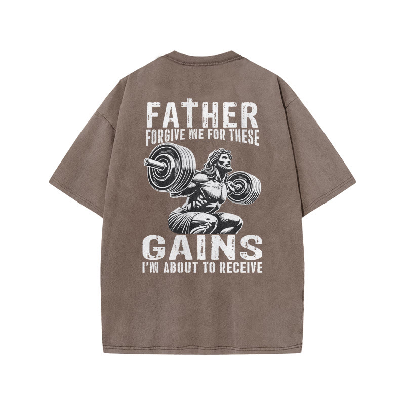 Gym 100% Cotton FATHER & GAINS Print Acid Washed T-shirt - Coffee - US20-22(3XL) - image 5