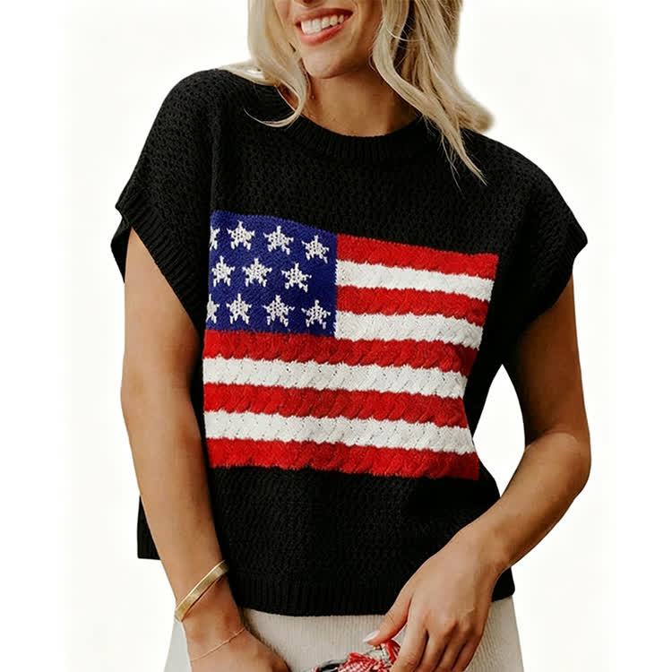 Summer Women's Flag Cutout Design Knitted T-shirt - Black - 2XL - image 5