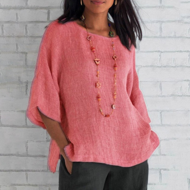 Casual Three-quarter Sleeve Crew Neck Top - Pink - 5XL - image 1