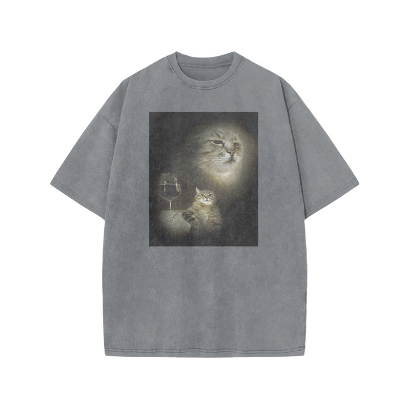Unisex 100% Cotton Cat And Wine Print Acid Washed T-shirt - Grey - US20-22(3XL) - image 3