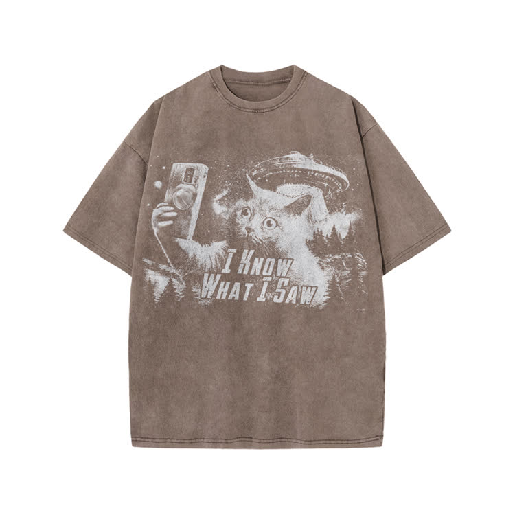 Vintage Sci Fi Novelty Alien Cat Graphic Washed T-Shirt - Coffee - US20-22(3XL) - image 4