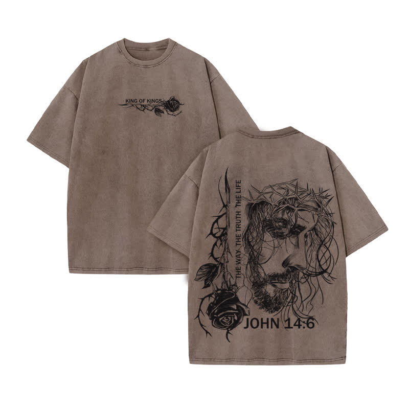Unisex 100% Cotton Jesus Is King The Way The Truth The Life Print Acid Washed T-shirt - Coffee - US20-22(3XL) - image 4