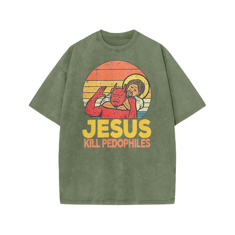 Jesus Kill Pedophiles Print Acid Washed T-shirt - Army Green - US20-22(3XL) - image 5