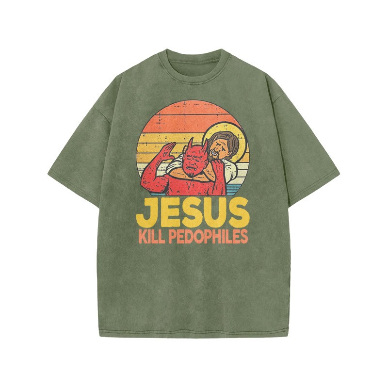 Jesus Kill Pedophiles Print Acid Washed T-shirt - Army Green - US20-22(3XL) - image 5