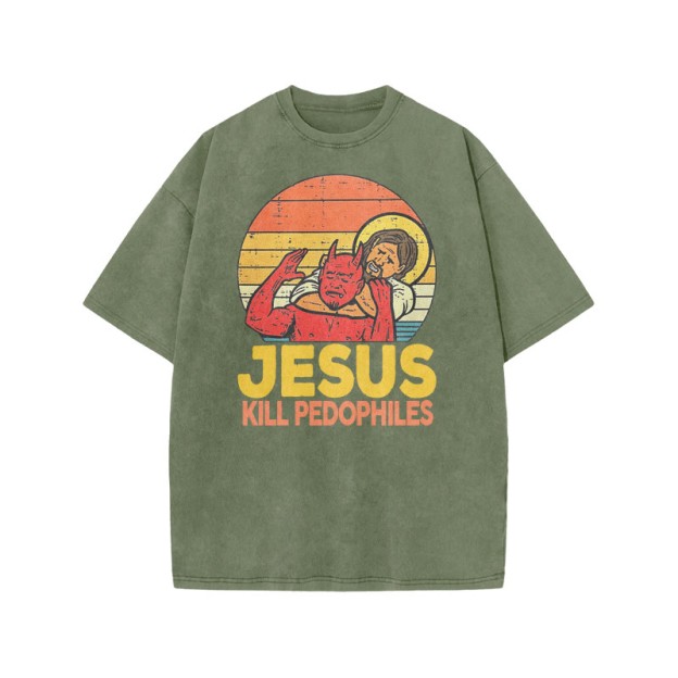 Jesus Kill Pedophiles Print Acid Washed T-shirt - Army Green - US20-22(3XL) - image 5