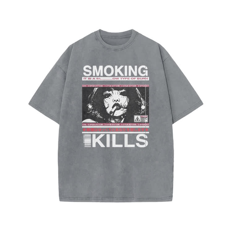 Smoking Kills Retro Manga Style Graphic Print Acid Washed T-Shirt - Grey - US20-22(3XL) - image 3