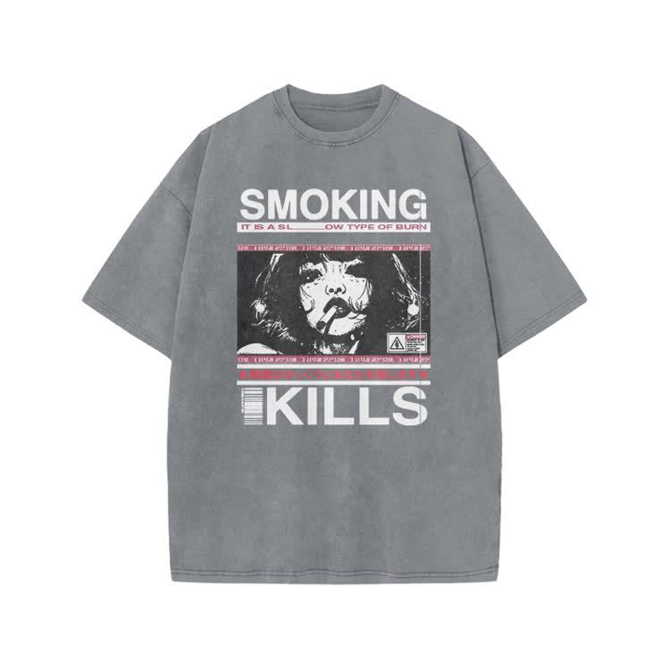 Smoking Kills Retro Manga Style Graphic Print Acid Washed T-Shirt - Grey - US20-22(3XL) - image 3
