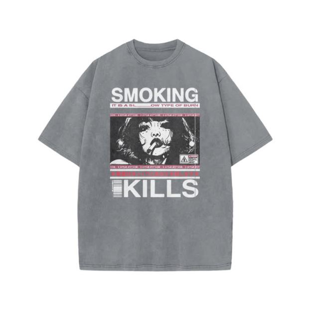 Smoking Kills Retro Manga Style Graphic Print Acid Washed T-Shirt - Grey - US20-22(3XL) - image 3