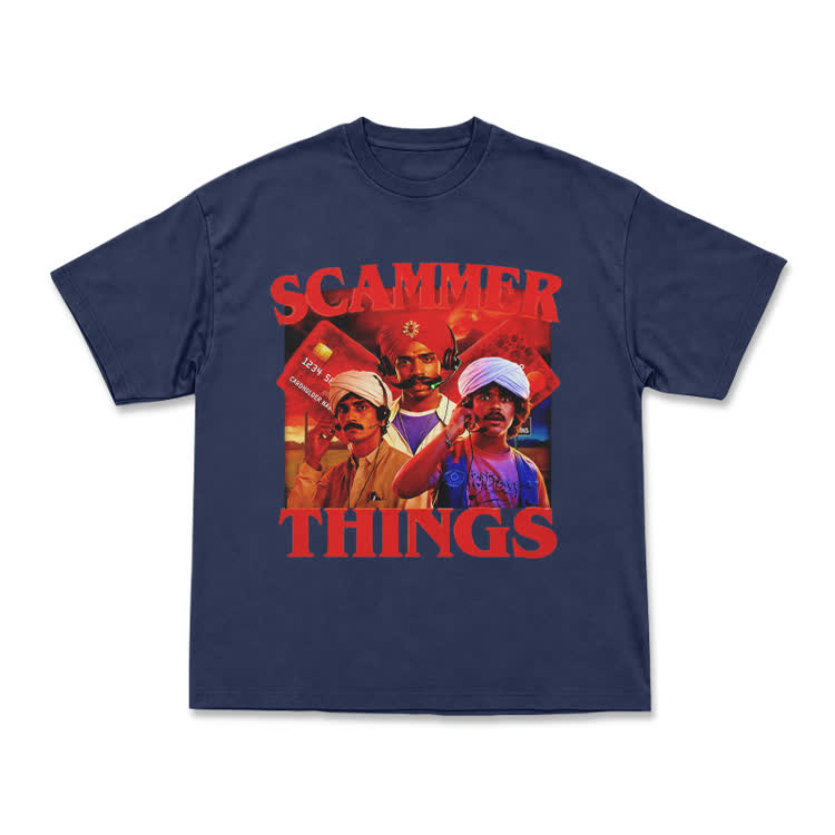 Street Graphic Scammer Things Boxy Crew Neck T Shirt - Navy Blue - US16-18(2XL) - image 7