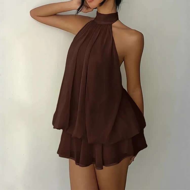 Solid Color Halter Neck Off Shoulder Dress - Brown - US16-18(2XL) - image 4