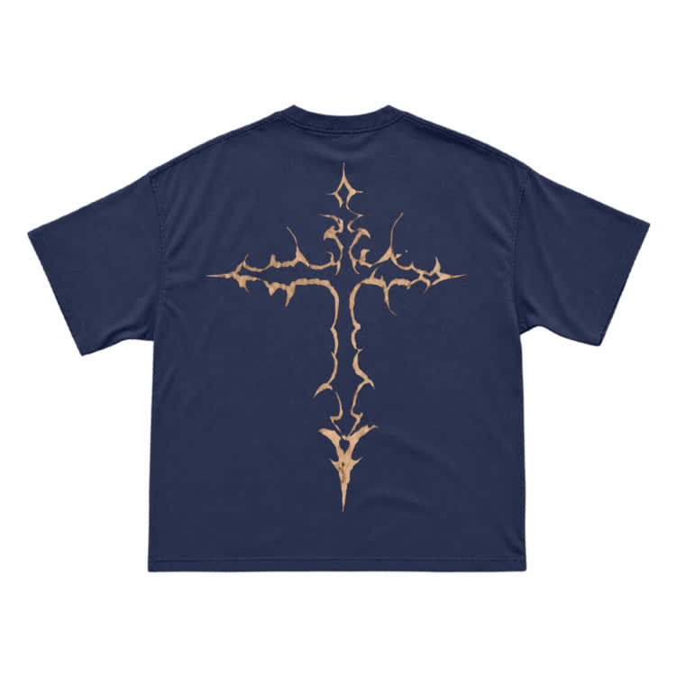 Gothic Thorn Cross Back Graphic T-Shirt - Navy Blue - US16-18(2XL) - image 7