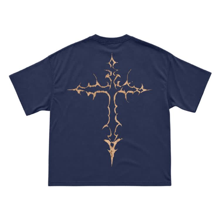 Gothic Thorn Cross Back Graphic T-Shirt - Navy Blue - US16-18(2XL) - image 7