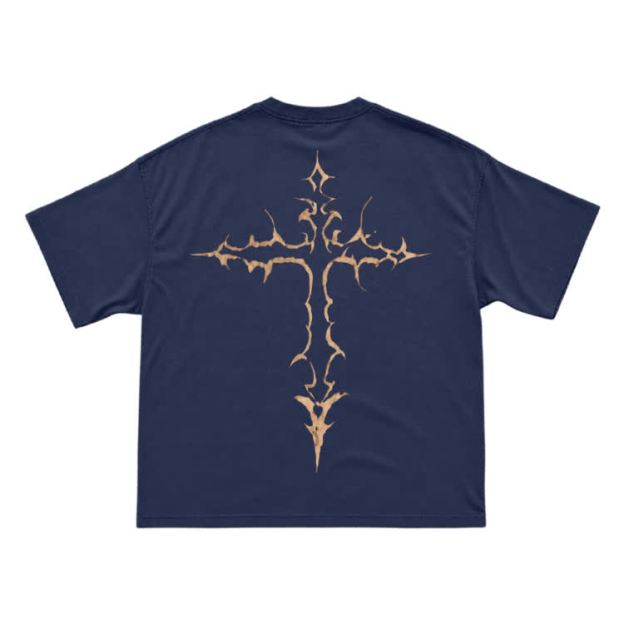 Gothic Thorn Cross Back Graphic T-Shirt - Navy Blue - US16-18(2XL) - image 7