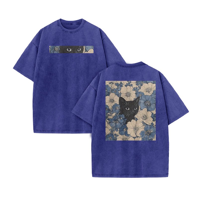 Black Cat In A Patchwork Flower Field Print Acid Washed T-shirt - Blue - US20-22(3XL) - image 6