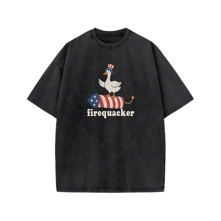 Firequacker Patriotic Duck Rocket Graphic Print Acid Washed T-shirt - Black - US20-22(3XL) - image 4