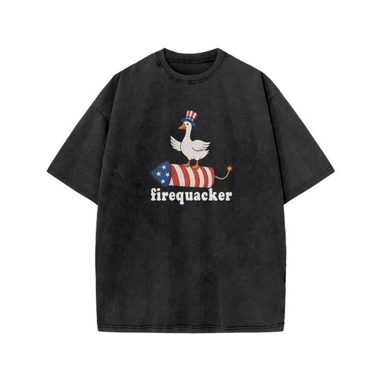 Firequacker Patriotic Duck Rocket Graphic Print Acid Washed T-shirt - Black - US20-22(3XL) - image 4