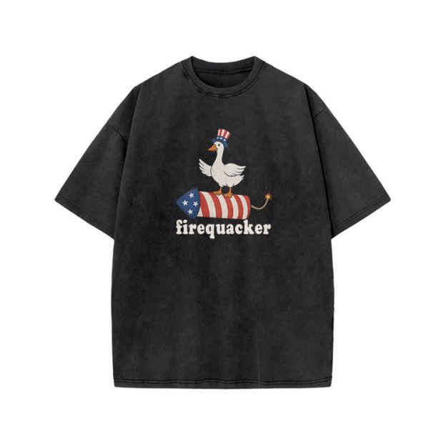 Firequacker Patriotic Duck Rocket Graphic Print Acid Washed T-shirt - Black - US20-22(3XL) - image 4
