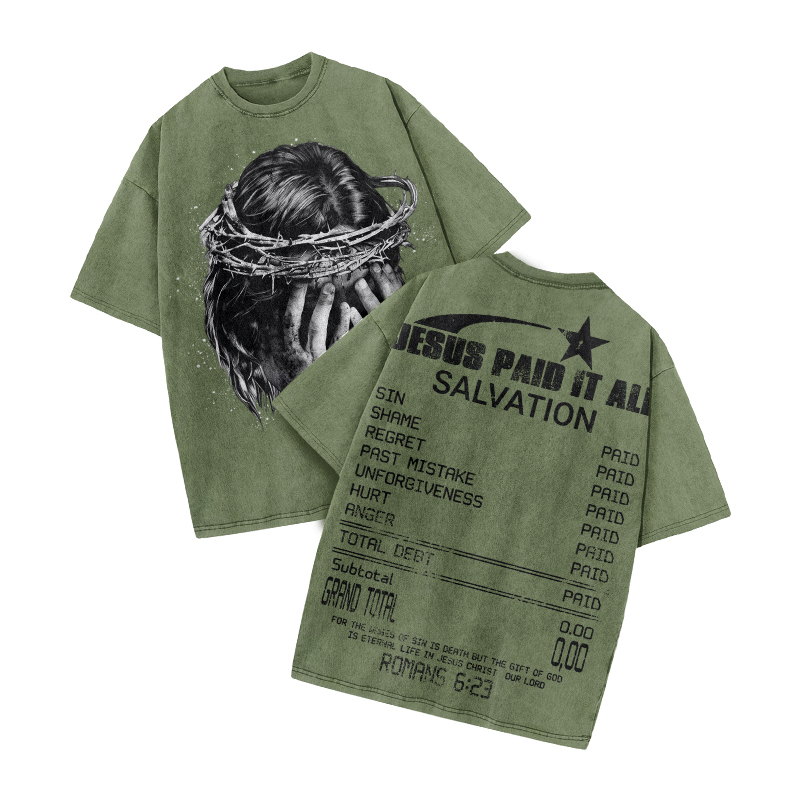Jesus Paid It All Star Print Acid Washed T-shirt - Army Green - US20-22(3XL) - image 4