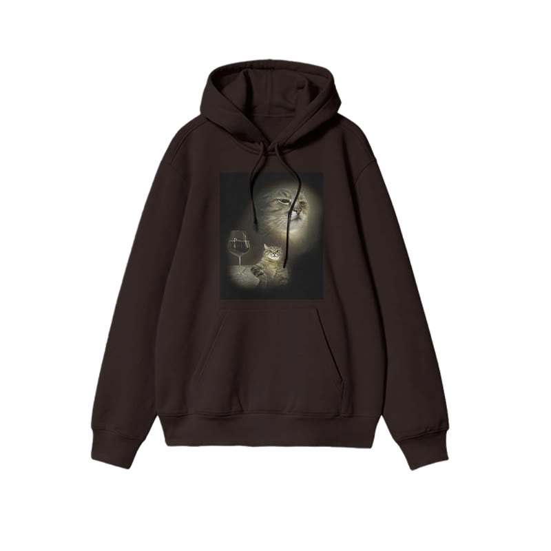 Unisex 100% Cotton Cat And Wine Print Hoodie - Coffee - US16-18(2XL) - image 5