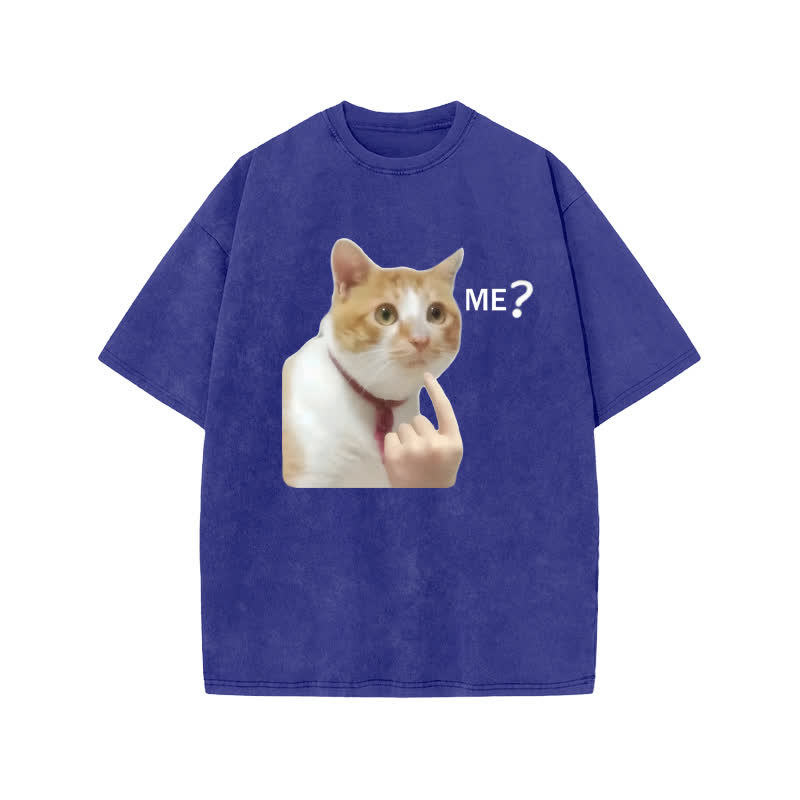 Unisex 100% Cotton Puzzled Cat Print Acid Washed T-shirt - Blue - US20-22(3XL) - image 8