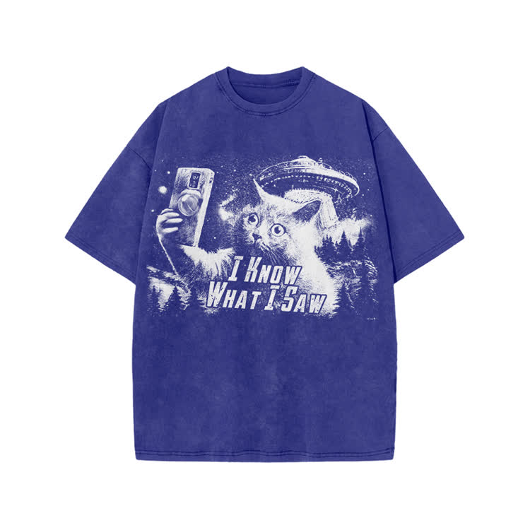 Vintage Sci Fi Novelty Alien Cat Graphic Washed T-Shirt - Blue - US20-22(3XL) - image 3