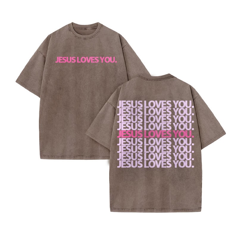 Jesus Loves You Color-blocking Print Acid Washed T-shirt - Coffee - US20-22(3XL) - image 4