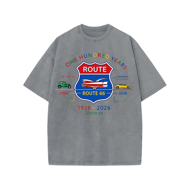 Vintage Route 66 Centennial Graphic Print Acid Washed T-shirt - Grey - US20-22(3XL) - image 4