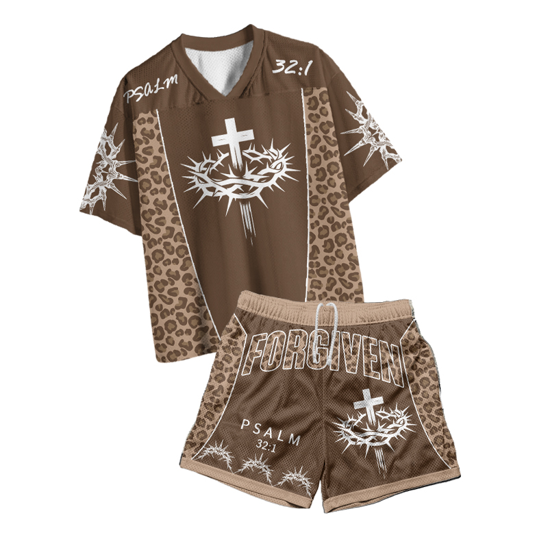 Psalm 32:1 Forgiven Leopard Print Mesh T-shirt Set - Brown - 4XL - image 1