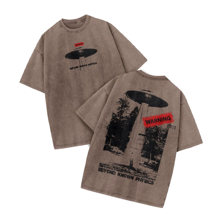 Sci Fi Street Warning Graphic Print Acid Washed T-Shirt - image 4