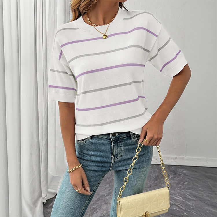 Casual Striped Crew Neck Knit T-shirt - White - US16-18(2XL) - image 3