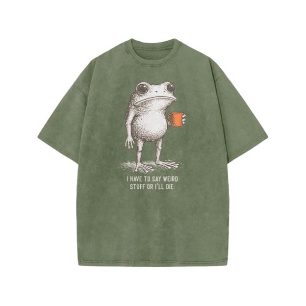 I Have To Say Weird Stuff Or I’ll Die Frog Print Acid Washed T-shirt - Army Green - US20-22(3XL) - image 5