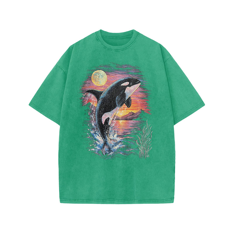 Orca Leaping Out Of The Water Print Acid Washed T-shirt - Green - US20-22(3XL) - image 8