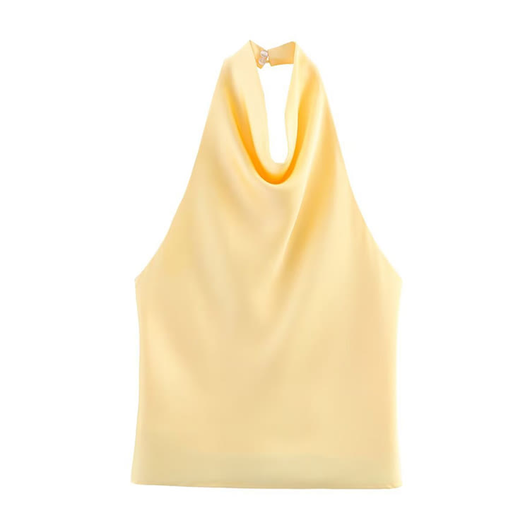Solid Color Shiny Halter Off-shoulder Vest - Yellow - US12(L) - image 5