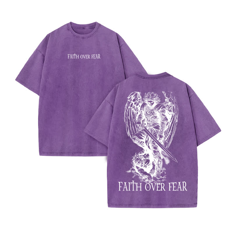 Unisex Faith Over Fear Print Acid Washed T-shirt - Purple - US20-22(3XL) - image 9