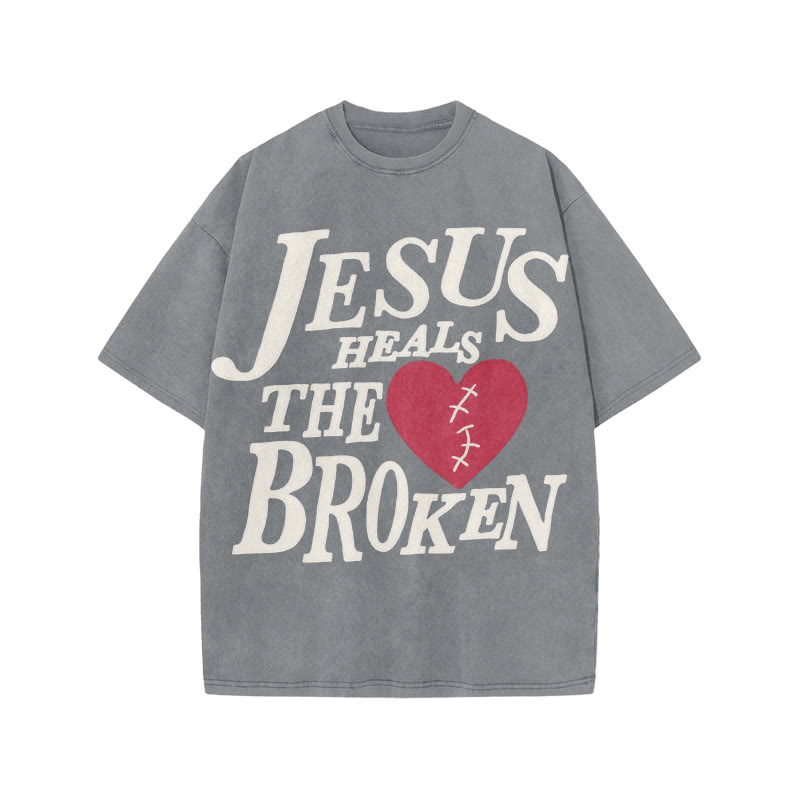 Unisex Jesus Heals The Broken Print Acid Washed T-shirt - Grey - US20-22(3XL) - image 6