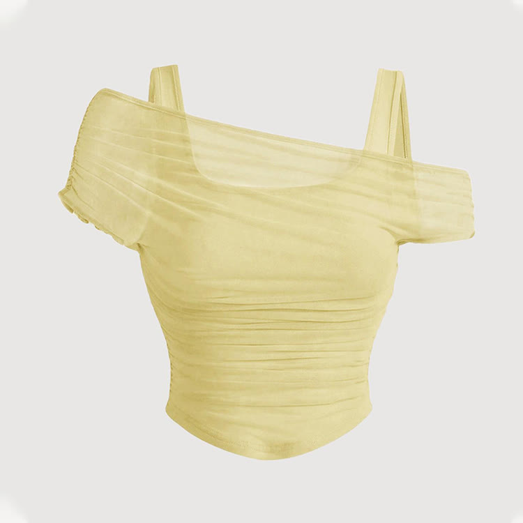 Ruched Mesh Cropped Pullover Cami Top - Yellow - 2XL - image 6