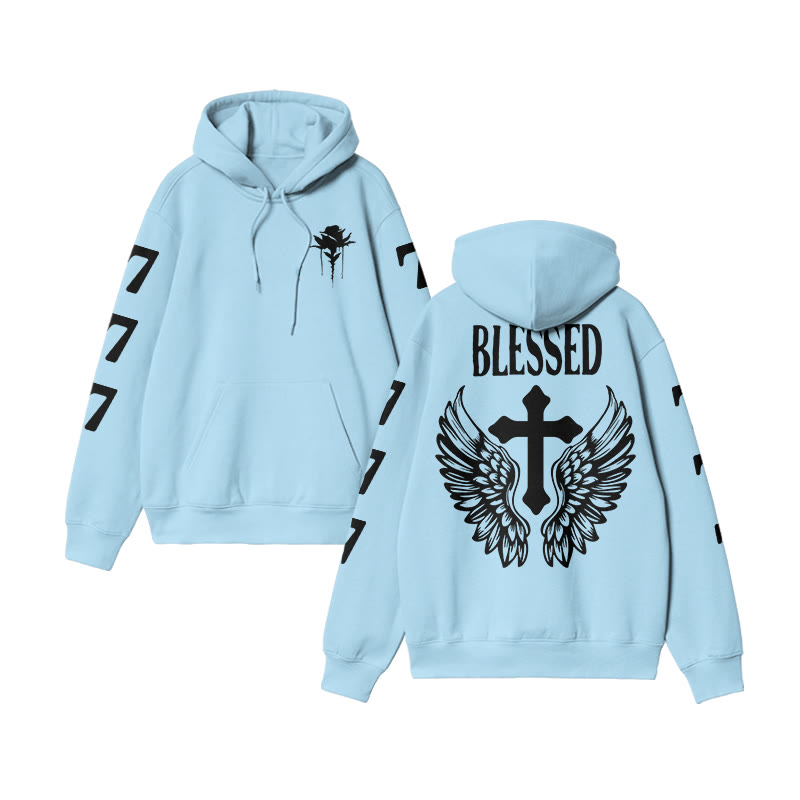 Unisex 100% Cotton Blessed Cross Wings Print Hoodie - Blue - US16-18(2XL) - image 8