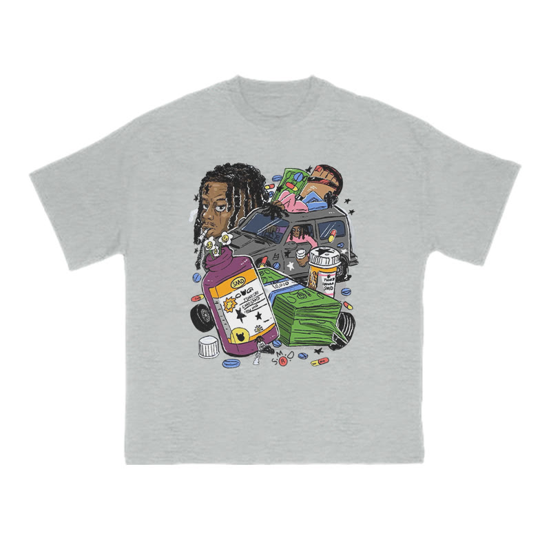 Unisex 100% Cotton Creative Illustrations Print T-shirt - Grey - US16-18(2XL) - image 3