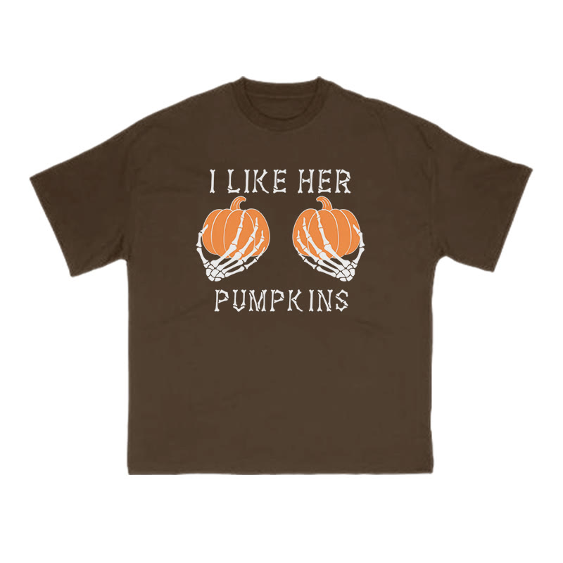 Unisex 100% Cotton I Like Her Pumpkins Halloween Print Couple T-shirt - Coffee - US16-18(2XL) - image 6
