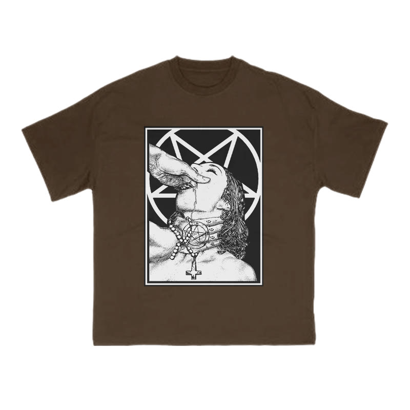 Unisex 100% Cotton God's Cross And Devil's Grip Print T-shirt - Coffee - US16-18(2XL) - image 6